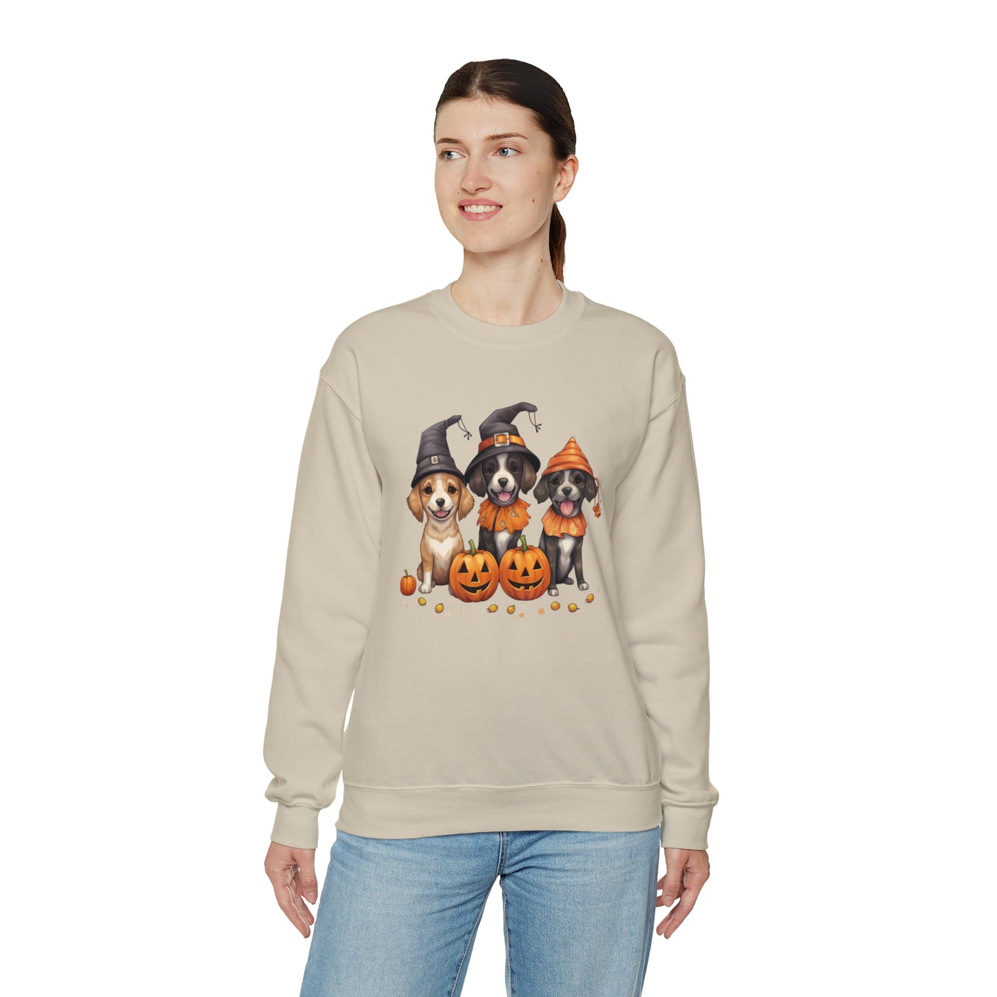 Witch Puppies Halloween Sweatshirt - Trick-Or-Treating Dogs with Jack-O-Lanterns - October 2023