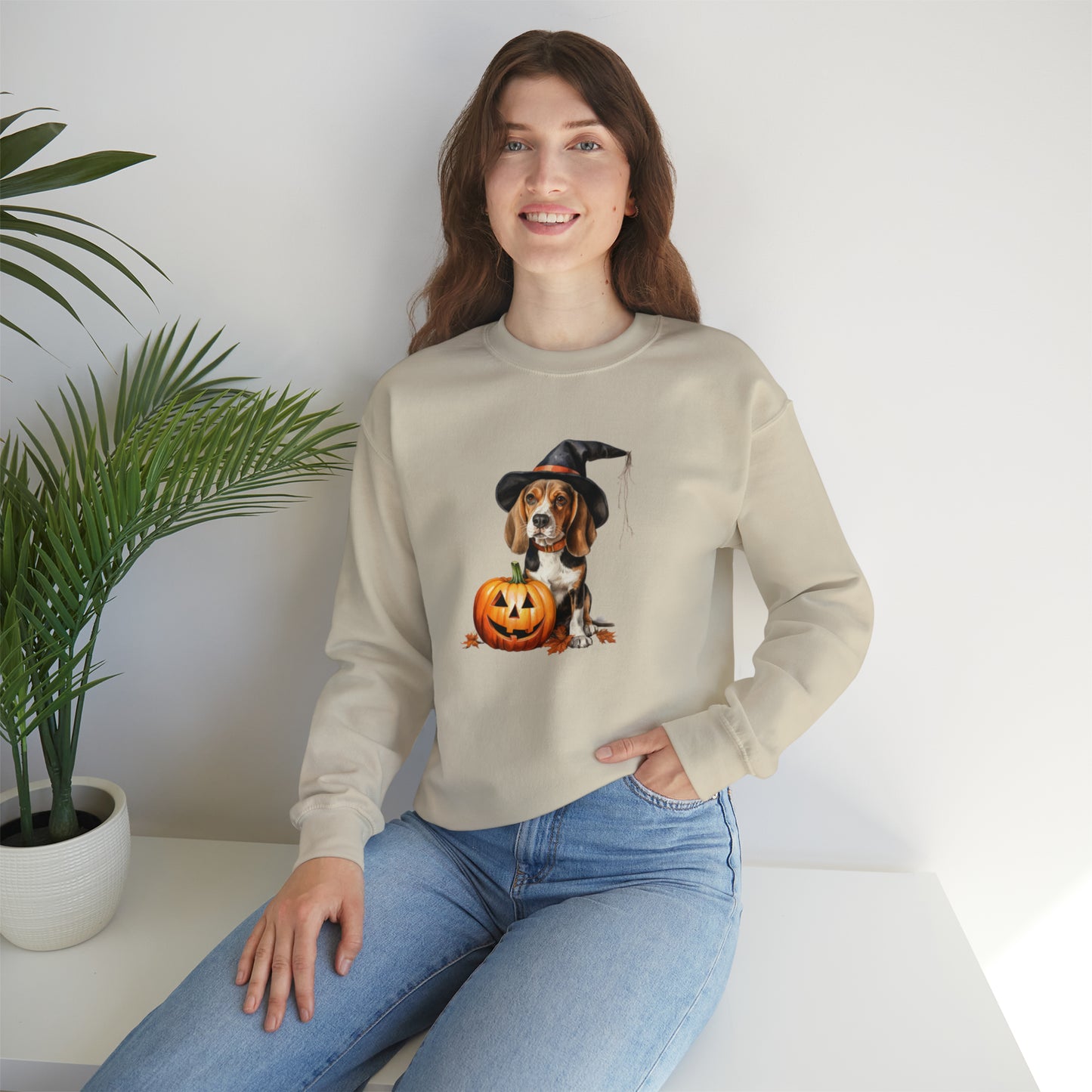 Beagle Halloween Sweatshirt - Cute Puppy Dressed as Witch with Pumpkin - Jack O' Lantern - October 2023