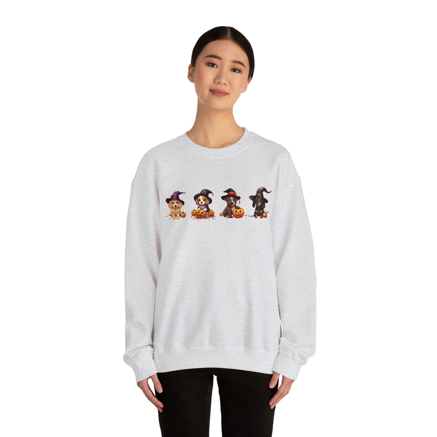 Puppies Halloween Sweatshirt - Beagle, Golden Retriever, Pitbull, Dachshund in Witch costumes with Jack-o-Lanterns - October 2023