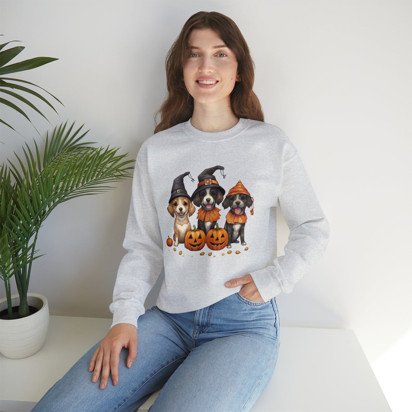 Witch Puppies Halloween Sweatshirt - Trick-Or-Treating Dogs with Jack-O-Lanterns - October 2023