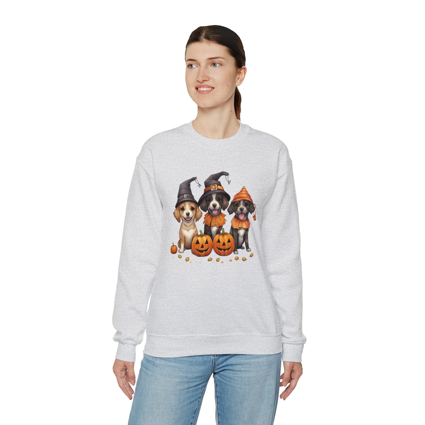 Witch Puppies Halloween Sweatshirt - Trick-Or-Treating Dogs with Jack-O-Lanterns - October 2023