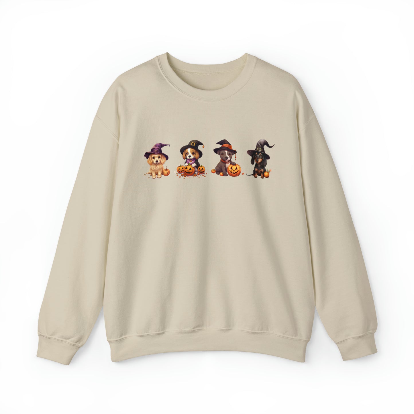 Puppies Halloween Sweatshirt - Beagle, Golden Retriever, Pitbull, Dachshund in Witch costumes with Jack-o-Lanterns - October 2023