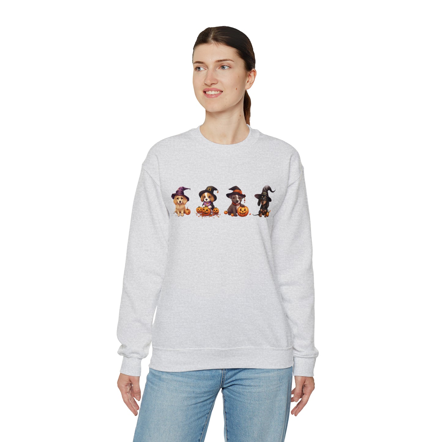 Puppies Halloween Sweatshirt - Beagle, Golden Retriever, Pitbull, Dachshund in Witch costumes with Jack-o-Lanterns - October 2023