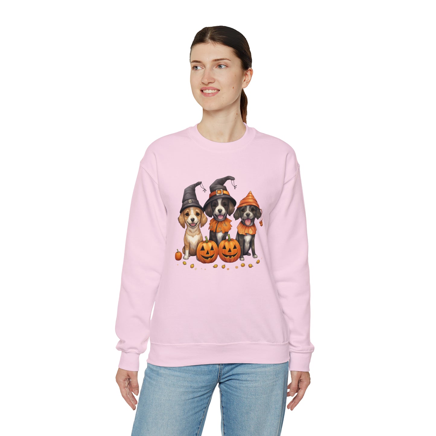 Witch Puppies Halloween Sweatshirt - Trick-Or-Treating Dogs with Jack-O-Lanterns - October 2023