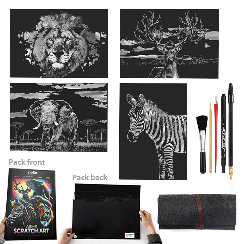 ASMR Satisfying Scratch Art Supplies Kit - Animal 4 Pack - Lion, Zebra, Deer, Elephant - Tool Kit With 4 Scratch Art Canvases