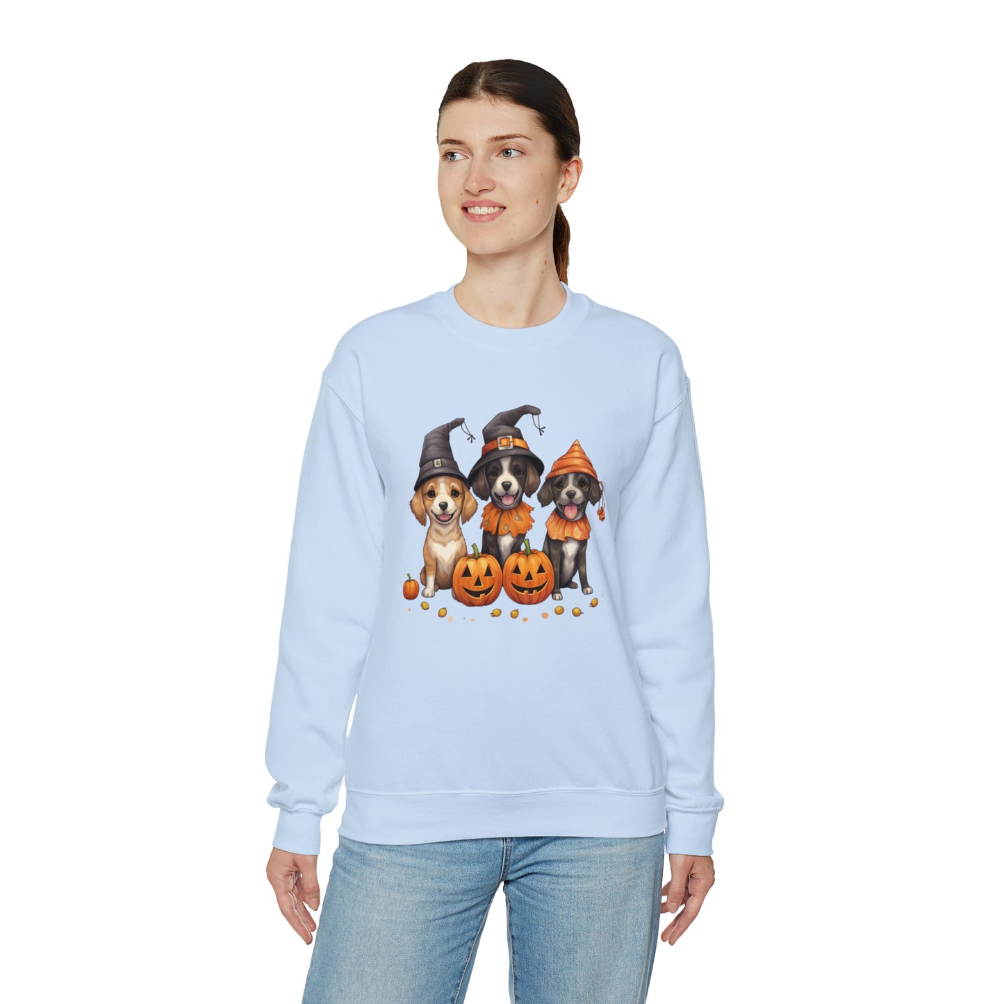 Witch Puppies Halloween Sweatshirt - Trick-Or-Treating Dogs with Jack-O-Lanterns - October 2023