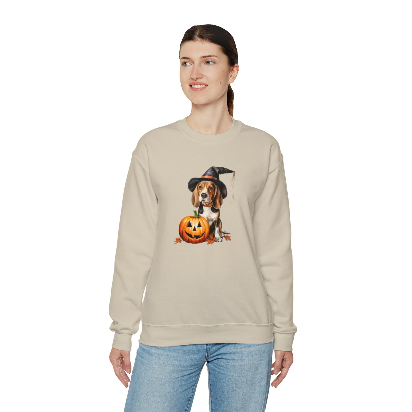 Beagle Halloween Sweatshirt - Cute Puppy Dressed as Witch with Pumpkin - Jack O' Lantern - October 2023