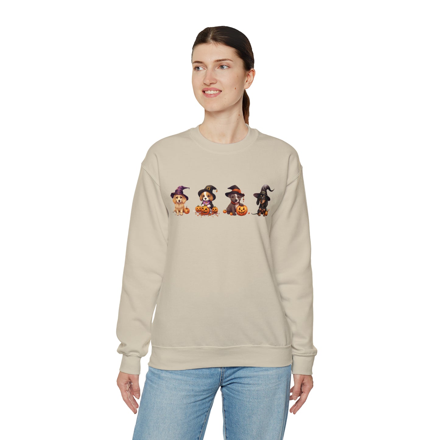 Puppies Halloween Sweatshirt - Beagle, Golden Retriever, Pitbull, Dachshund in Witch costumes with Jack-o-Lanterns - October 2023