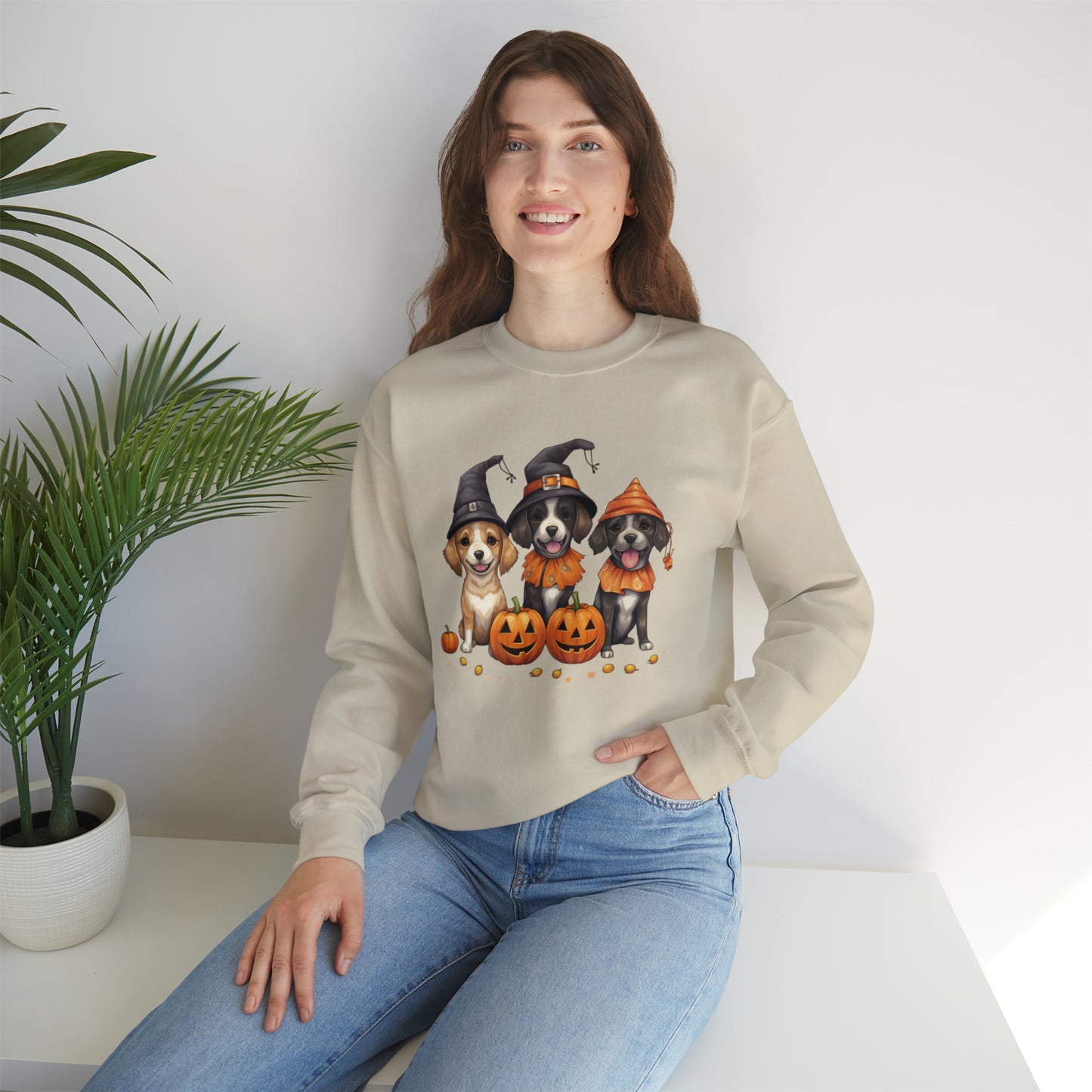 Witch Puppies Halloween Sweatshirt - Trick-Or-Treating Dogs with Jack-O-Lanterns - October 2023