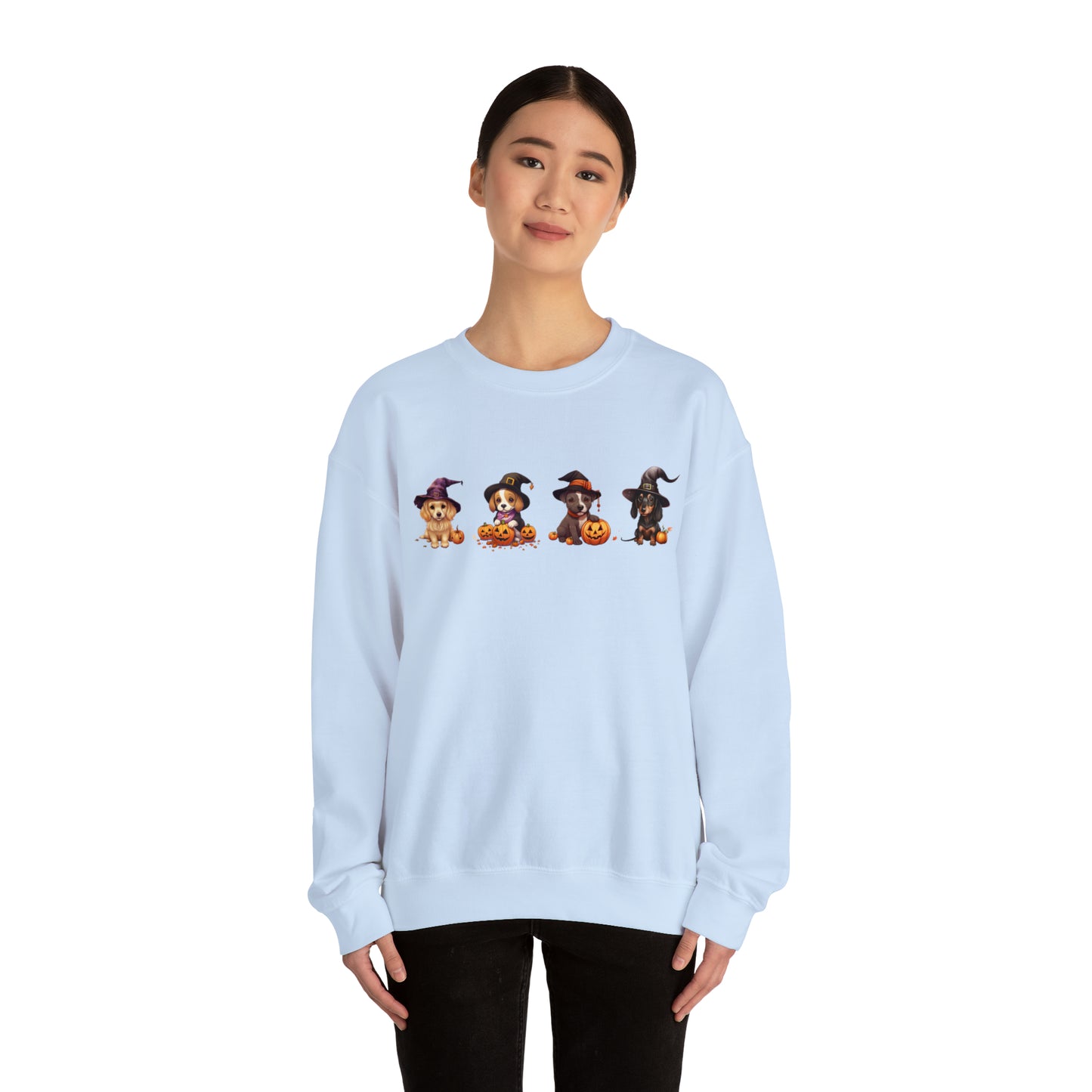 Puppies Halloween Sweatshirt - Beagle, Golden Retriever, Pitbull, Dachshund in Witch costumes with Jack-o-Lanterns - October 2023