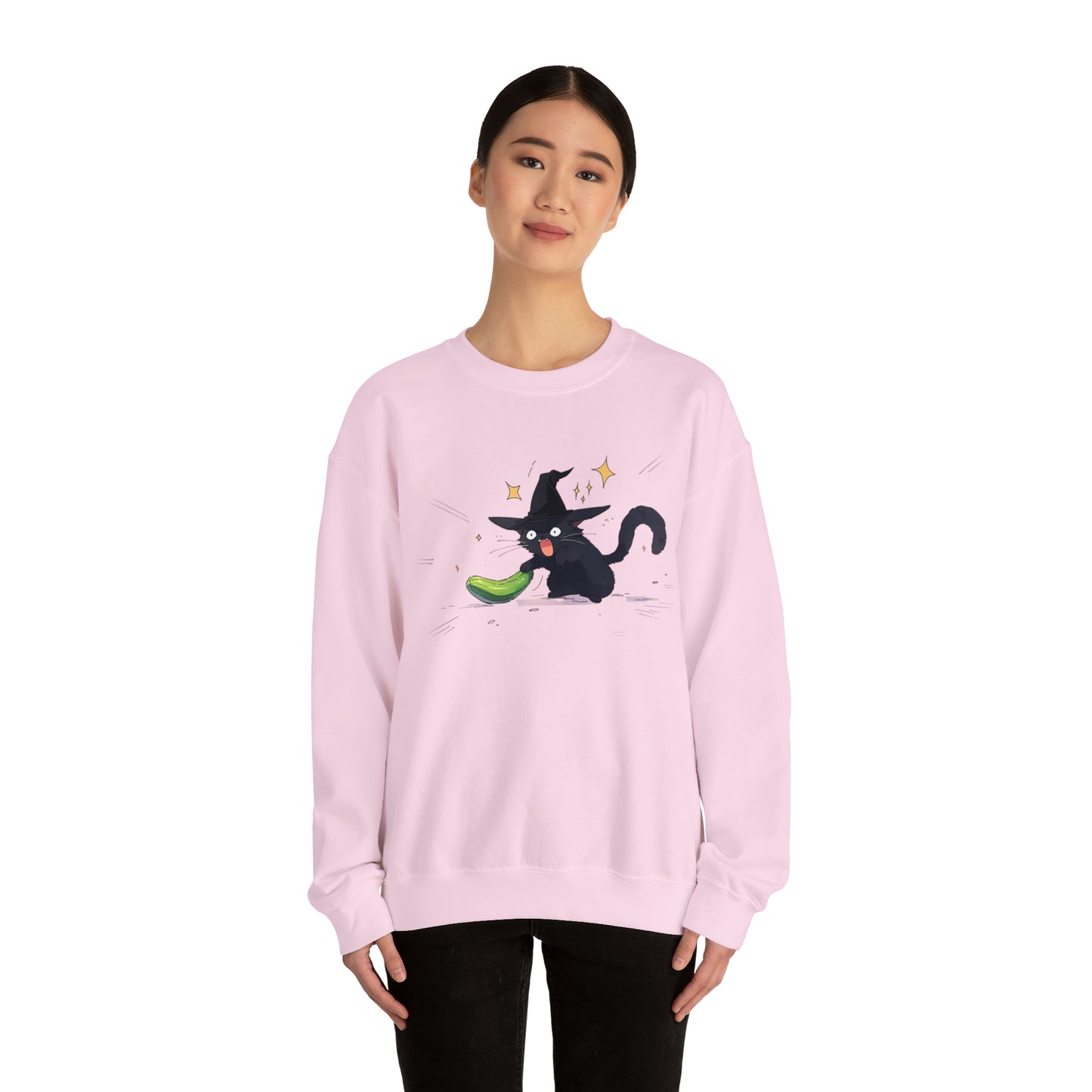 Pickle and Cat Halloween Sweatshirt - Spooky Kitten with Witch Hat and Cucumber - Halloween 2023