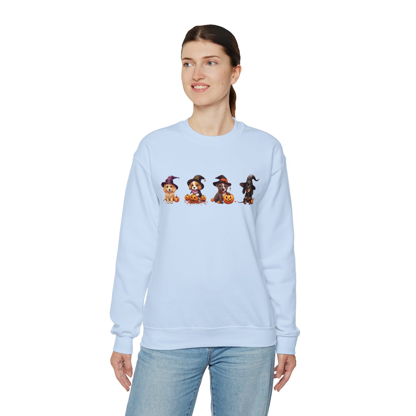 Puppies Halloween Sweatshirt - Beagle, Golden Retriever, Pitbull, Dachshund in Witch costumes with Jack-o-Lanterns - October 2023