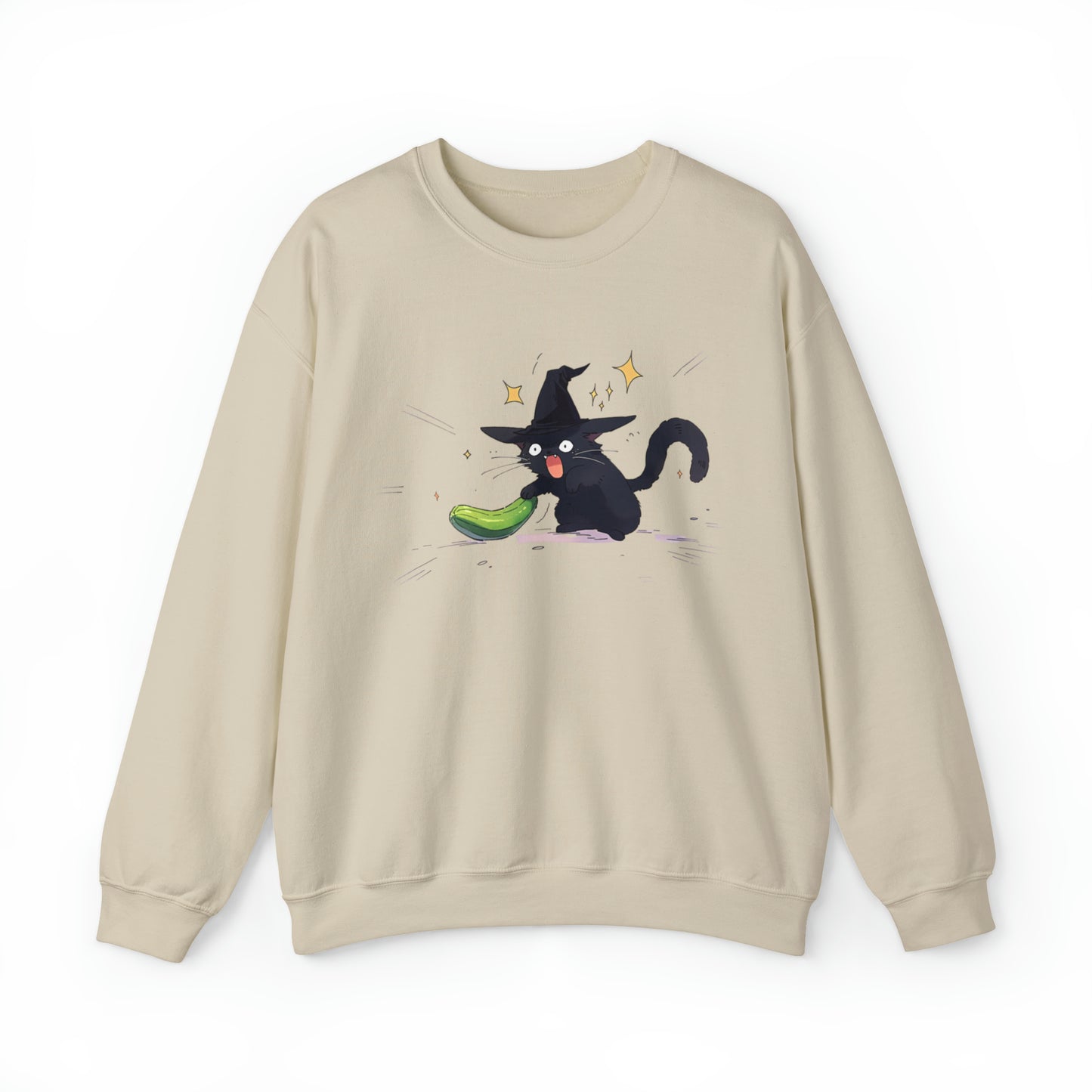 Pickle and Cat Halloween Sweatshirt - Spooky Kitten with Witch Hat and Cucumber - Halloween 2023