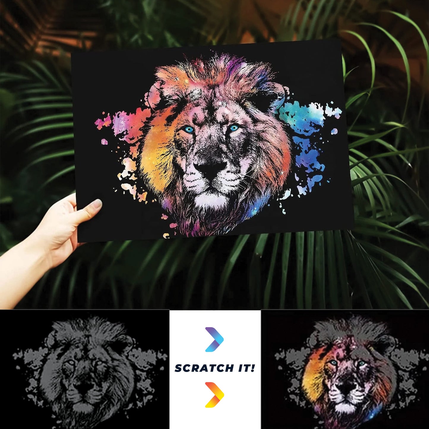 ASMR Satisfying Scratch Art Supplies Kit - Animal 4 Pack - Lion, Zebra, Deer, Elephant - Tool Kit With 4 Scratch Art Canvases