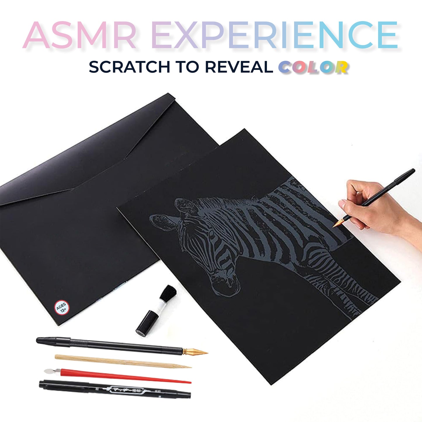 ASMR Satisfying Scratch Art Supplies Kit - Animal 4 Pack - Lion, Zebra, Deer, Elephant - Tool Kit With 4 Scratch Art Canvases