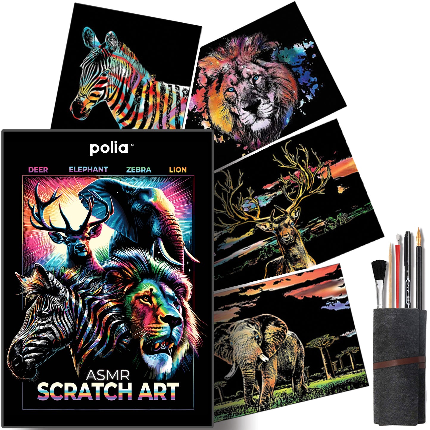 ASMR Satisfying Scratch Art Supplies Kit - Animal 4 Pack - Lion, Zebra, Deer, Elephant - Tool Kit With 4 Scratch Art Canvases