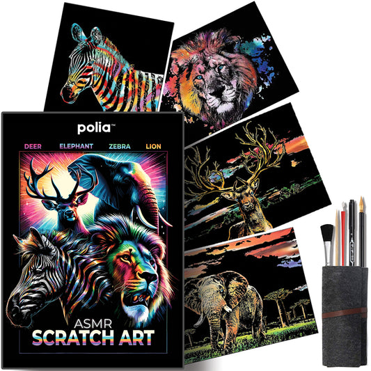 ASMR Satisfying Scratch Art Supplies Kit - Animal 4 Pack - Lion, Zebra, Deer, Elephant - Tool Kit With 4 Scratch Art Canvases